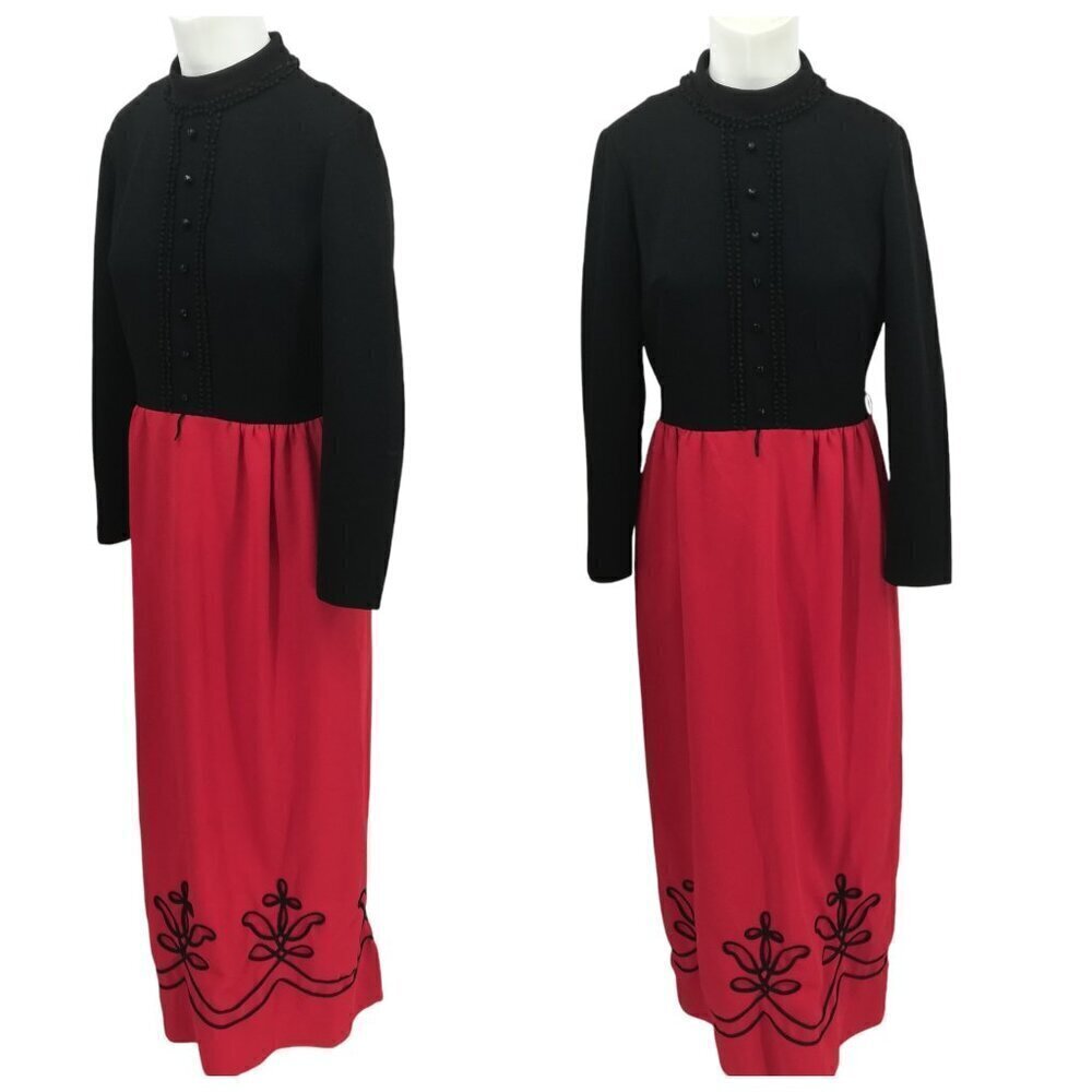 Vintage Jerrie Lurie Long Sleeve Maxi Dress Size S/M? Red Black Button Mock Neck